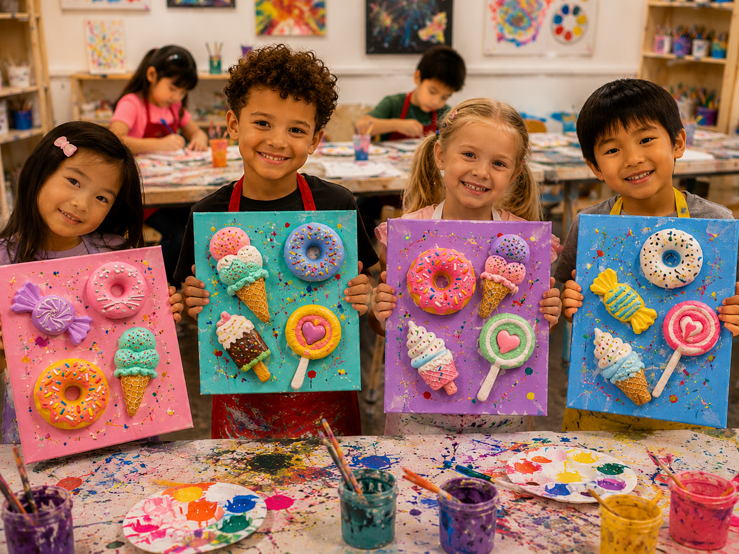 Colourful 3D canvas created by a child at a Bubble Brush birthday party